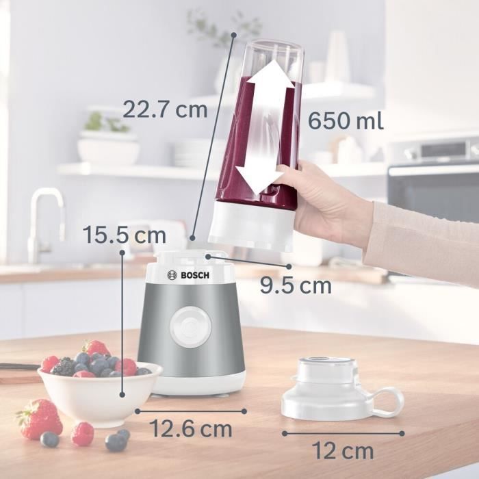 Mini Blender BOSCH VitaPower Serie 2 MMB2111T - Bol mixeur 0,8 L - 4 lames tranchantes inox - Haute vitesse de mixage