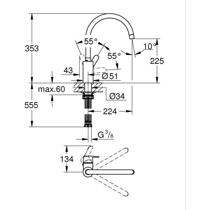 Mitigeur de cuisine - GROHE Get - Chromé - Bec en C - Bec Haut - Rotation 150°