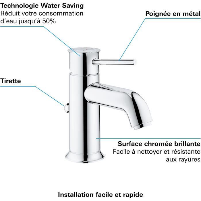 Mitigeur lavabo GROHE Start Classic, robinet moderne à poignée unique finition chrome