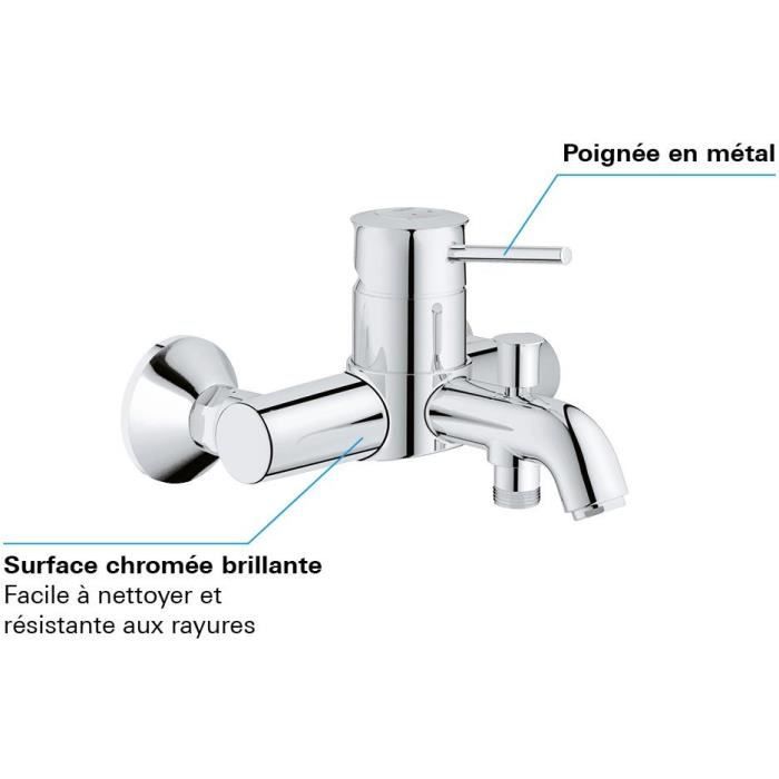 Mitigeur monocommande Bain / Douche mural GROHE - Finition Chromé - Profondeur 191 mm