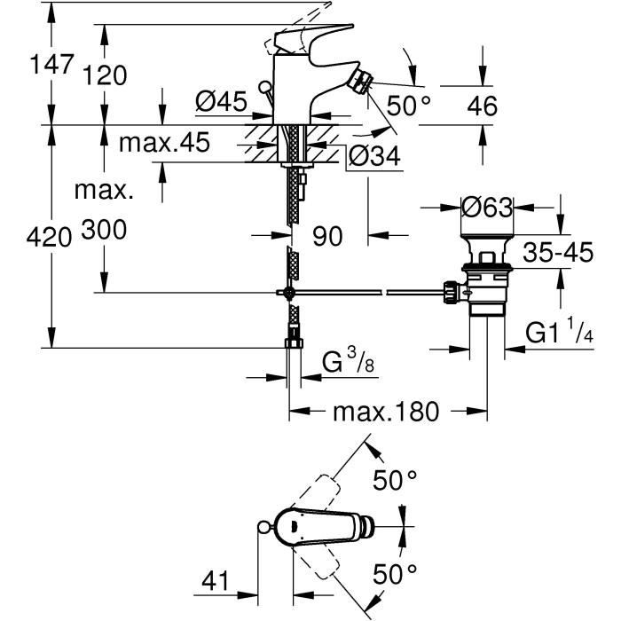 Schéma technique du Mitigeur monocommande bidet GROHE avec dimensions précises