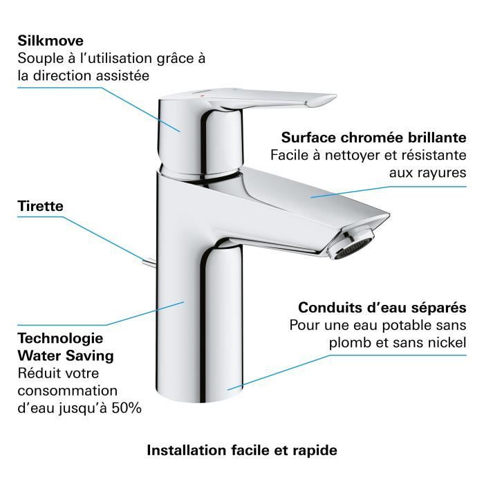 Mitigeur monocommande Lavabo GROHE QUICKFIX Start - Chromé - Economie d’eau - Installation facile