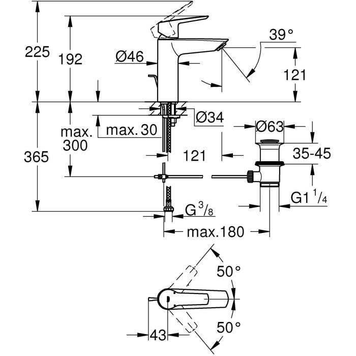 Mitigeur monocommande lavabo - GROHE Start - 234552432 - Noir mat - Taille M - Bec moyen - Economie d’eau - Tirette