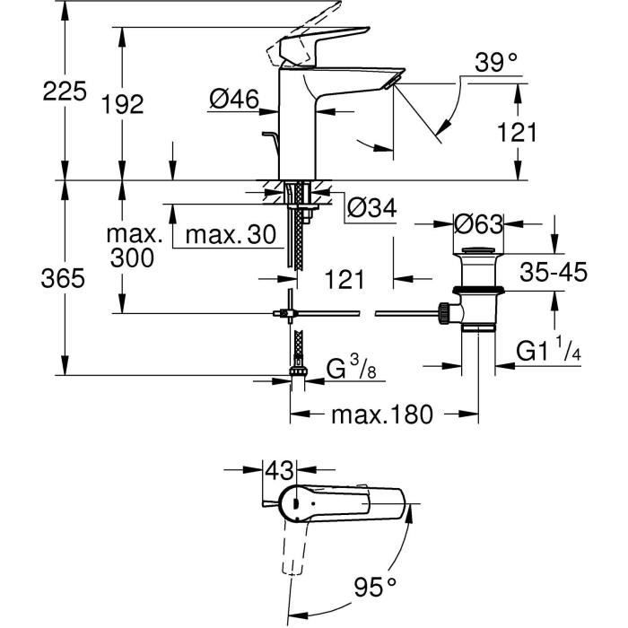 Mitigeur monocommande lavabo - GROHE Start - 235522432 -Noir mat -Taille M -Ouverture Eau Froide -Economie d’eau