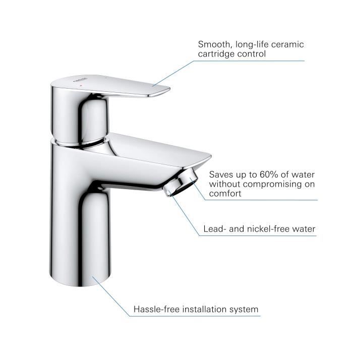 Mitigeur monocommande lavabo GROHE Start Edge, robinet moderne en chrome avec caractéristiques