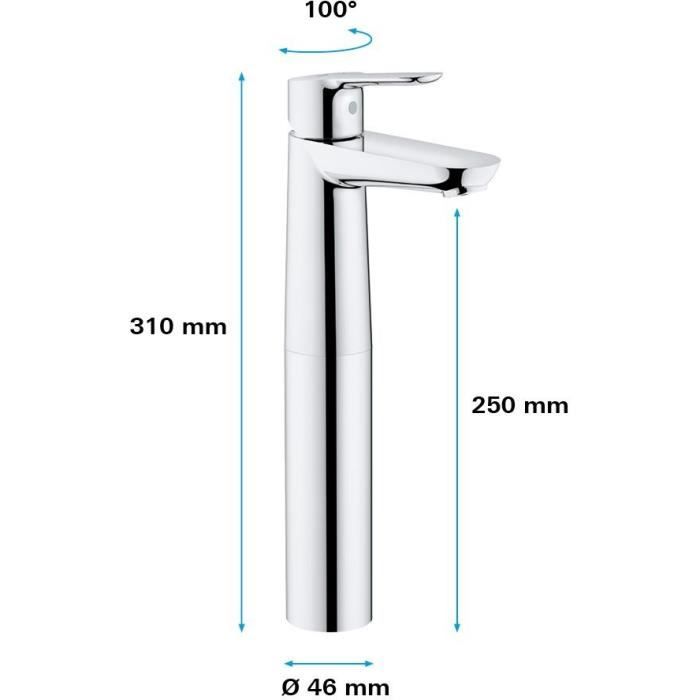 Mitigeur monocommande Lavabo GROHE Start Edge Chromé XL - Hauteur sous bec 250 mm