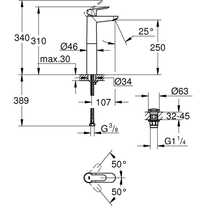 Mitigeur monocommande Lavabo GROHE Start Edge Chromé XL - Hauteur sous bec 250 mm