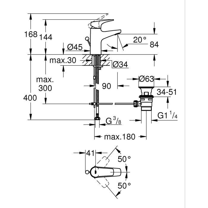 Mitigeur monocommande lavabo - GROHE Start Flow - Taille S - Chromé - Economie d’eau - 23809000