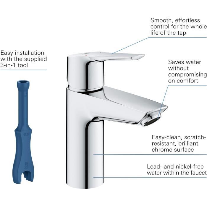 Mitigeur monocommande Lavabo GROHE Start - Taille S - limiteur de température - économie d’eau - 23550002