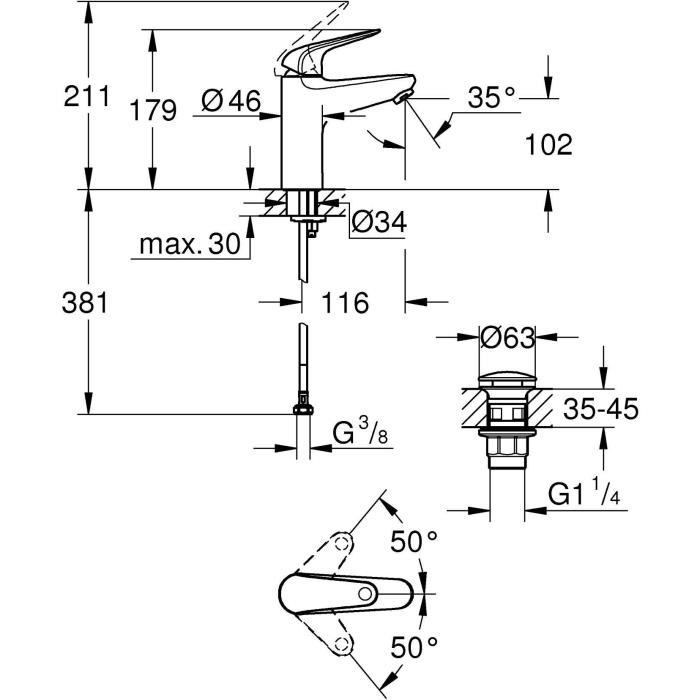 Mitigeur monocommande lavabo - GROHE Swift - 24326001 - Chromé - Taille M - Economie d’eau - Vidage clic clac