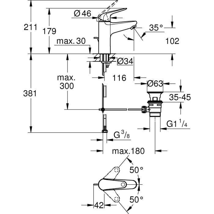 Mitigeur monocommande lavabo - GROHE Swift - 24328001 - Chromé - Taille M - Ouverture Eau Froide - Economie d’eau