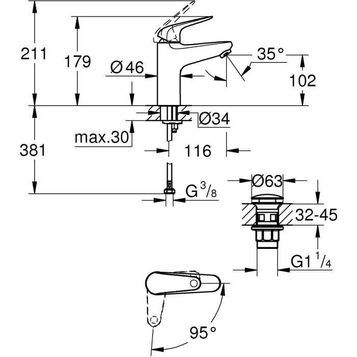 Mitigeur monocommande lavabo - GROHE Swift - 24329001 - Chromé - Taille M - Ouverture Eau Froide - Economie d’eau