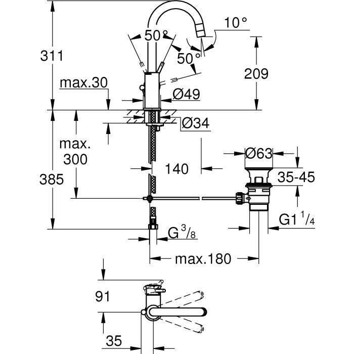 Mitigeur monocommande Lavabo - GROHE - Taille L - Chromé - Pivotant - Economie d’eau