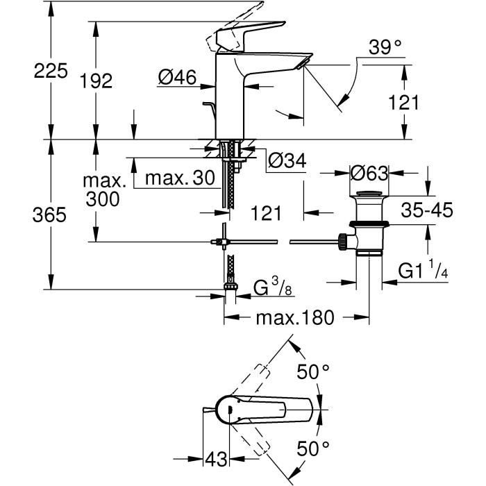 Schéma technique du mitigeur monocommande lavabo GROHE avec dimensions et spécifications