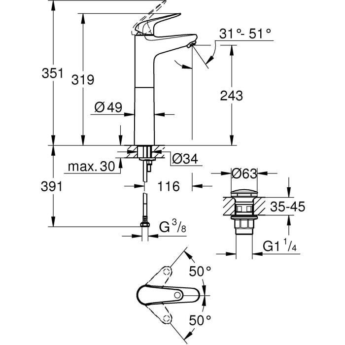 Mitigeur monocommande vasque a poser - GROHE Swift - 24331001 - Chromé - Taille XL rehaussée - Economie d’eau