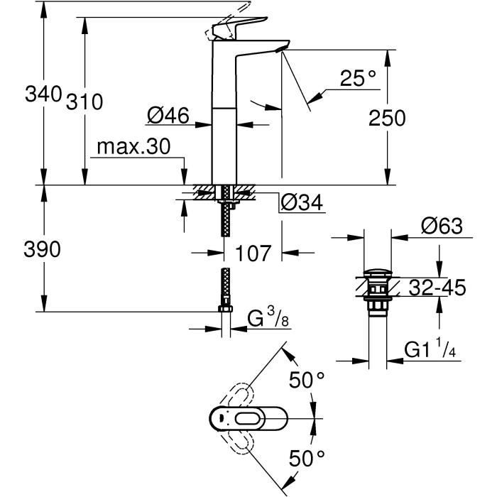 Mitigeur monocommande vasque a poser - GROHE - Taille XL - Chromé - Hauteur sous bec 250mm