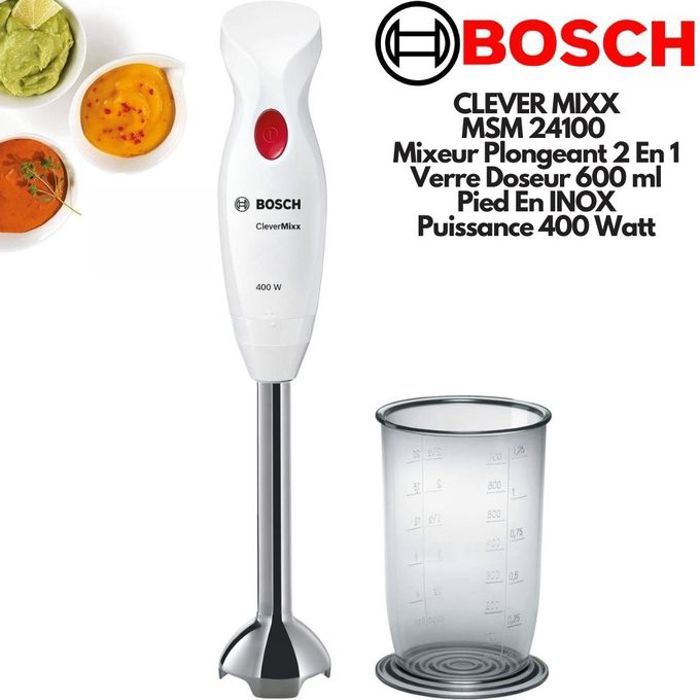 Mixeur plongeant CleverMixx - BOSCH - 400W - Pied détachable inox - 1 vitesse - Bol mixeur - Blanc