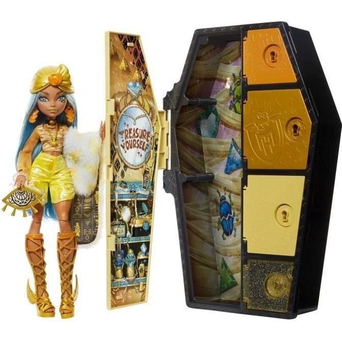 Monster High Coffret Monstrueux Secrets Poupée Cleo De Nile Série Look Irisé avec Casier Cerceuil 21 + Accessoires 4