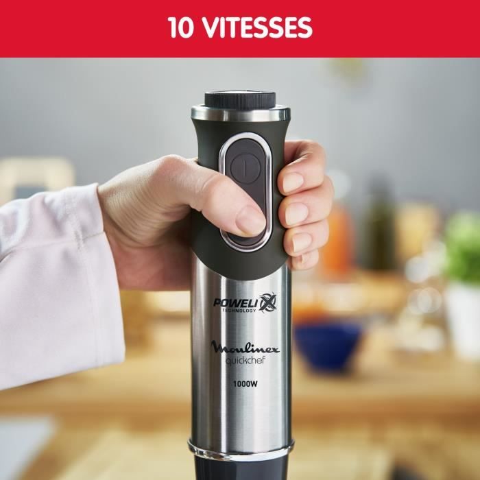 MOULINEX Mixeur plongeant 4en1 Quickchef 10 vitesses Mini hachoir Fouet Presse purée Gobelet 800 ml 1000W Noir/Inox