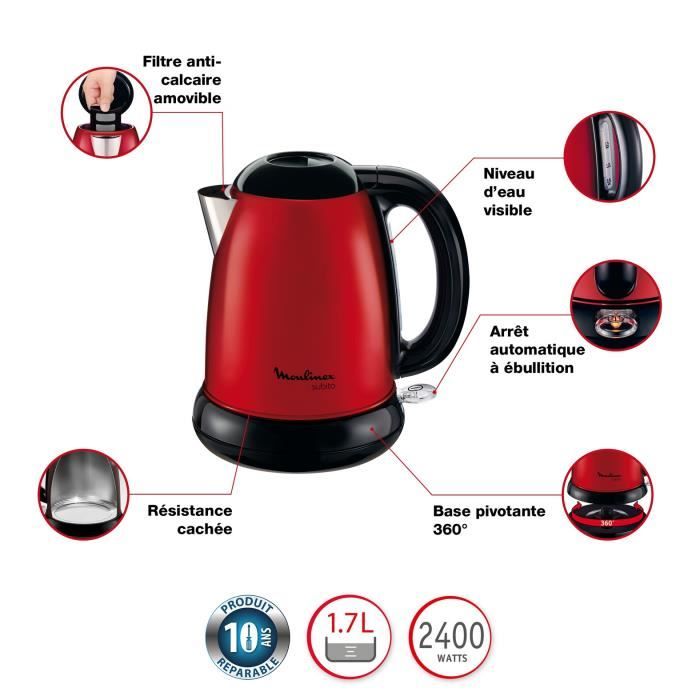 MOULINEX Bouilloire électrique Subito, 1,7 L, Base 360°, Inox Rouge BY540510 MOULINEX