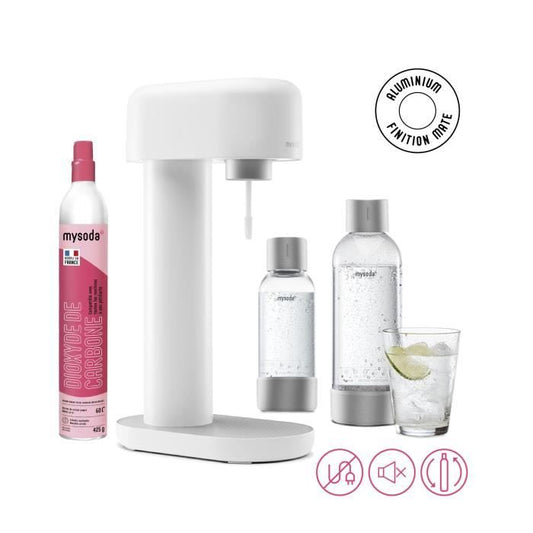 MYSODA Machine a Soda Ruby White 1 bouteille 0.5L 1 bouteille 1L 1 cylindre de CO2