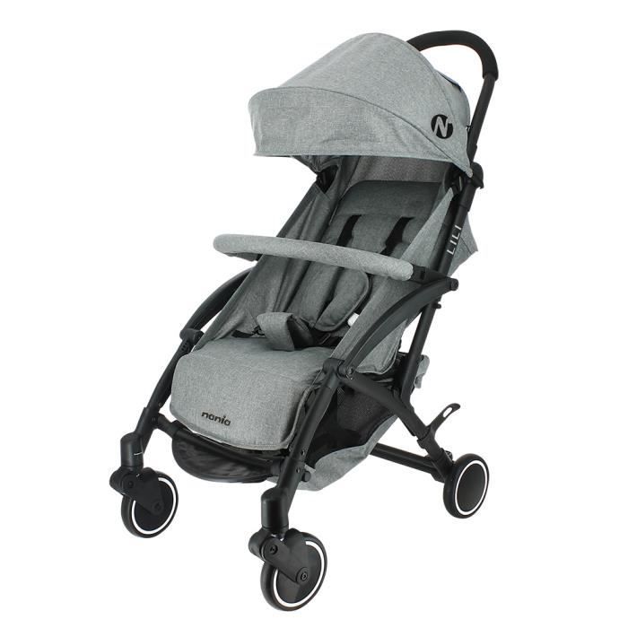 NANIA Poussette compacte Lili - 0-36 mois - Jusqu’a 15kg - Dossier inclinable - Roues pivotantes a suspensions - Gris