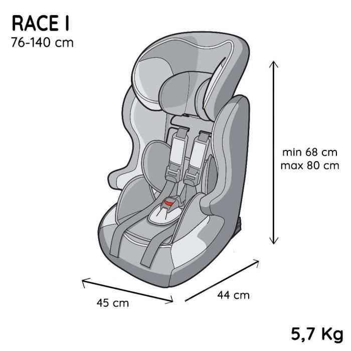 NANIA Siege auto ceinturé RACE I Groupe 1/2/3 de 3 a 10 ans 9-36 kg 76-140 cm R129 Tetiere réglable - Base inclinable