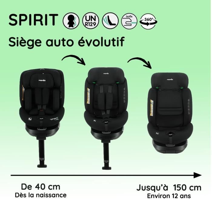 NANIA Siege auto isofix SPIRIT Groupe 0/1/2/3 de a 10 ans 0-36 kg 40-150 cm R 129 Tetiere réglable - Inclinable