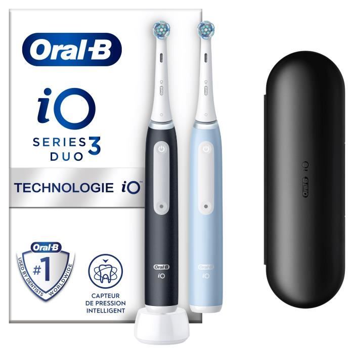 Oral-B iO 3 Lot De 2 Brosses a Dents Électriques Noire et Bleue 2 Brossettes 1 Étui De Voyage