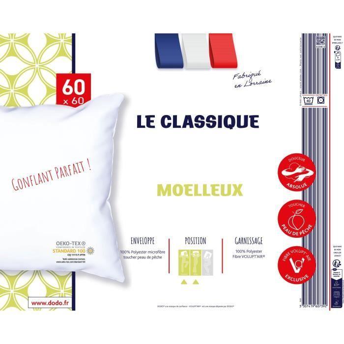 Oreiller - LE CLASSIQUE - Gonflant parfait - 60 x 60 cm - Polyester et fibre Volupt'air - DODO - Paloma Tech