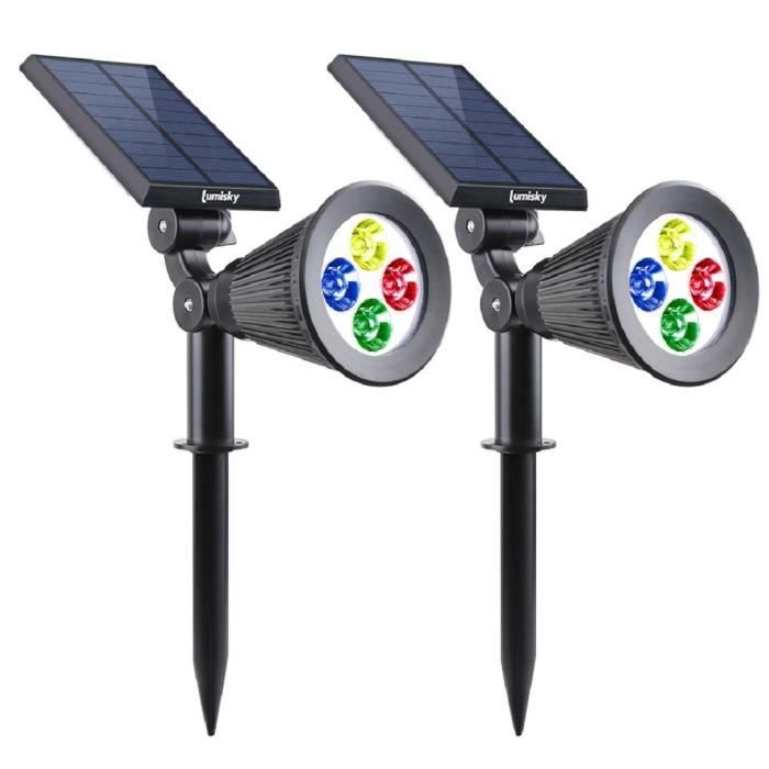 Pack de 2 Spots solaires extérieur étanches - LUMISKY - 4 LEDs colorées RGB - 200 Lumens - Tete pivotante a 90°C LUMISKY