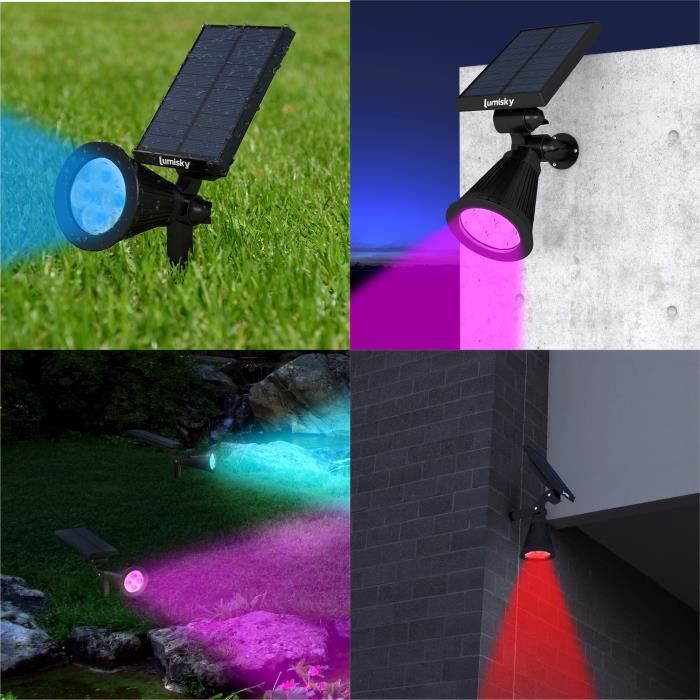 Pack de 2 Spots solaires extérieur étanches - LUMISKY - 4 LEDs colorées RGB - 200 Lumens - Tete pivotante a 90°C LUMISKY