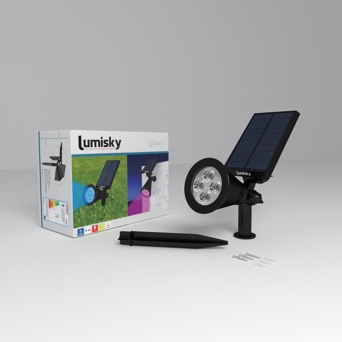 Pack de 2 Spots solaires extérieur étanches - LUMISKY - 4 LEDs colorées RGB - 200 Lumens - Tete pivotante a 90°C LUMISKY