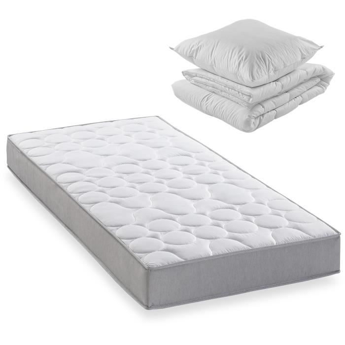 Pack matelas 90x190 cm + couette + oreiller - 330 Ressorts ensachés - 5 zones de confort - 19 cm - Ferme - DEKO DREAM