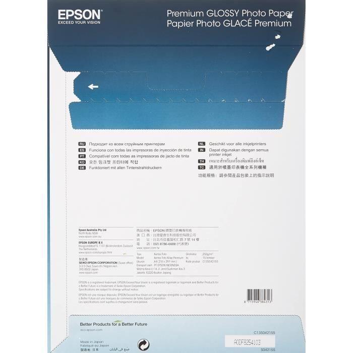 Papier photo brillant premium - EPSON - A4 - 255g/m2 - 2x15 feuilles - Paloma Tech