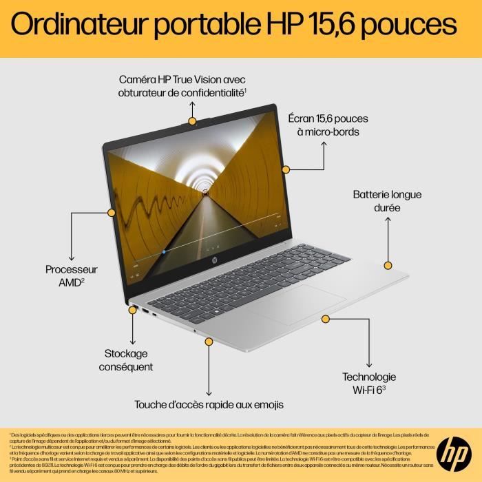 PC Portable HP 15-fc0071nf - 15,6 FHD - Ryzen 5-7520U - RAM 16Go - Stockage 512Go SSD - Windows 11 - AZERTY