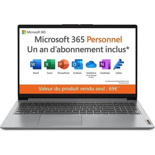 PC Portable LENOVO - IdeaPad 1 15IGL7 - 15,6 FHD - Celeron N4500 - RAM 4 Go - 128Go - W11 + 1 an Office - AZERTY