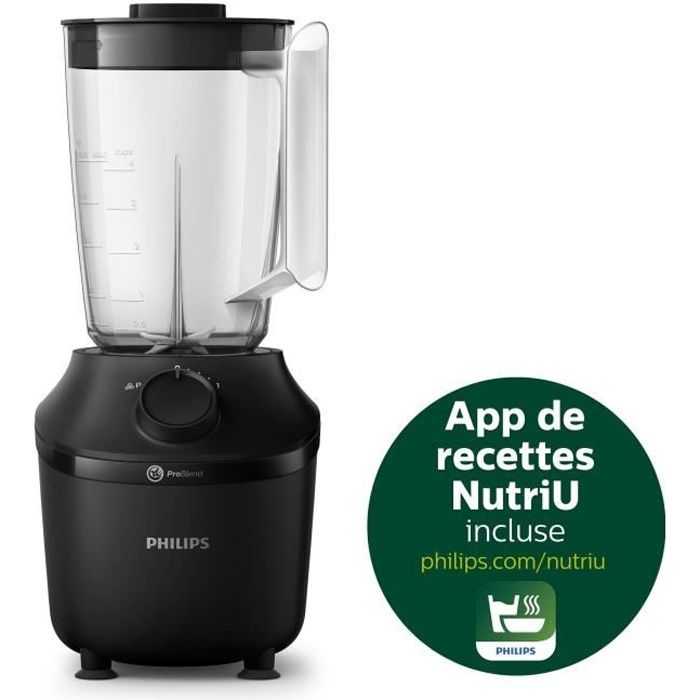 PHILIPS Blender Daily HR2041/41 450W 4 lames ProBlend 4 Bol plastique de 1,9L Gourde 1 vitesse + pulse Noir