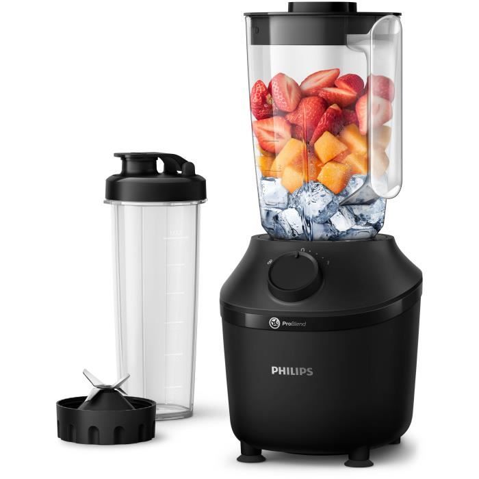 PHILIPS Blender Daily HR2041/41 450W 4 lames ProBlend 4 Bol plastique de 1,9L Gourde 1 vitesse + pulse Noir