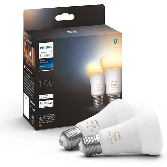 Philips Hue White Ambiance ampoule LED connectée E27 équivalent 75W 1100 lumen compatible Bluetooth pack de 2