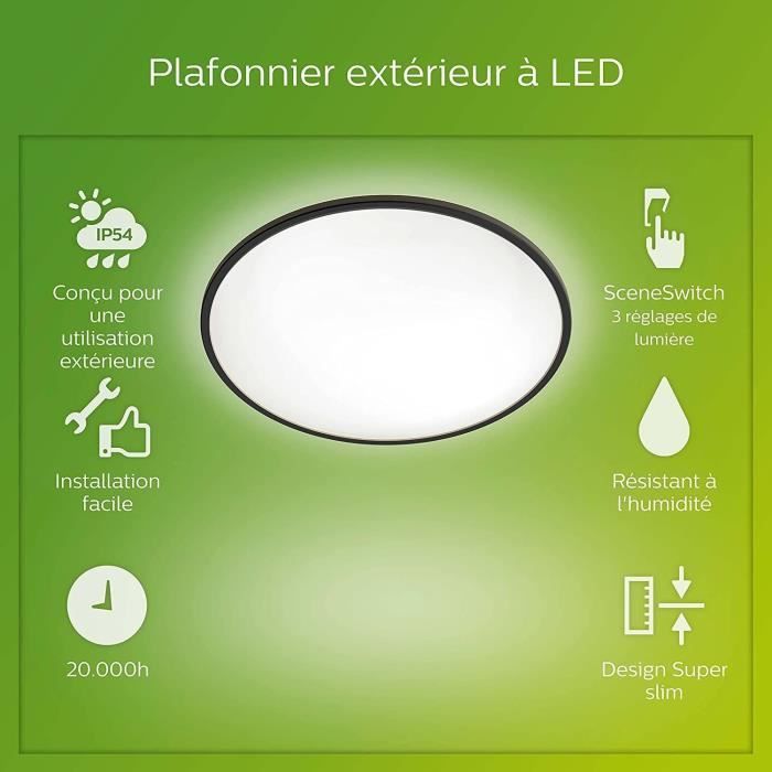 Plafonnier LED Philips SuperSlim 15W Noir IP54 pour extérieur PHILIPS