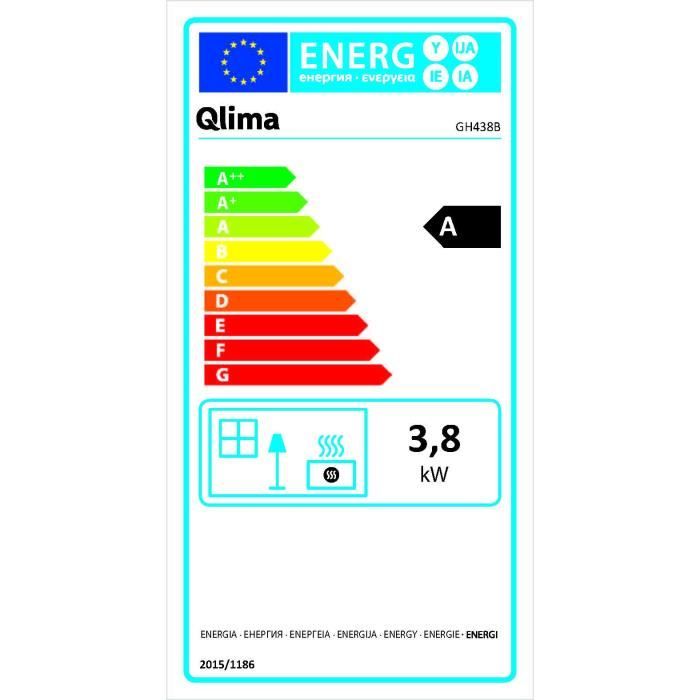 Étiquette d’efficacité énergétique A pour le Poele à Gaz QLIMA GH438B avec 3,8 kW