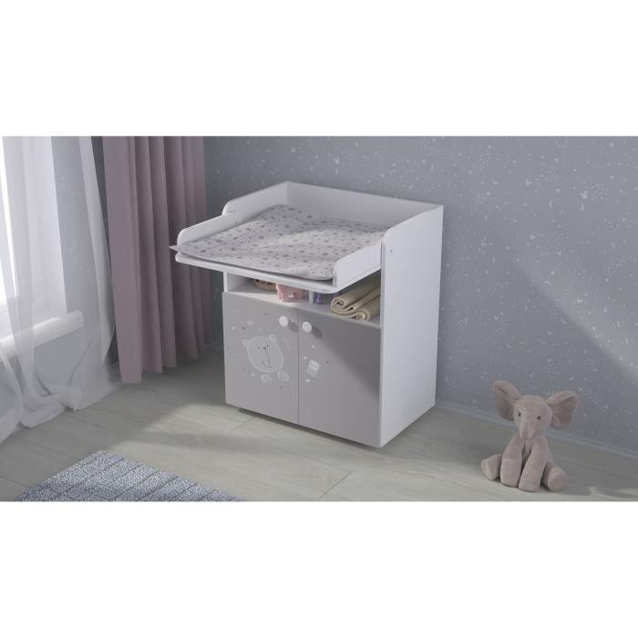 POLINI KIDS OURSON TEDDY Commode a langer POLSKA 2 portes avec plan rabattable blanc gris - Paloma Tech