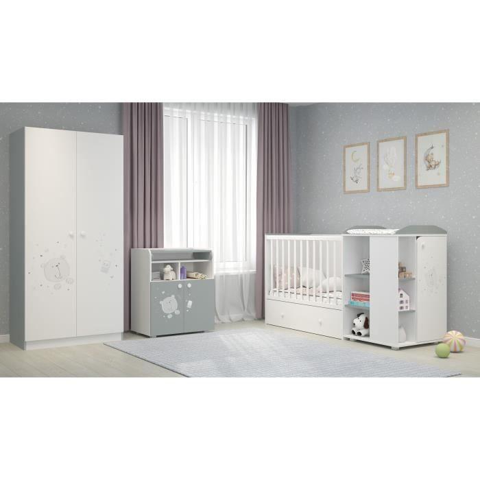 POLINI KIDS OURSON TEDDY Commode a langer POLSKA 2 portes avec plan rabattable blanc gris - Paloma Tech