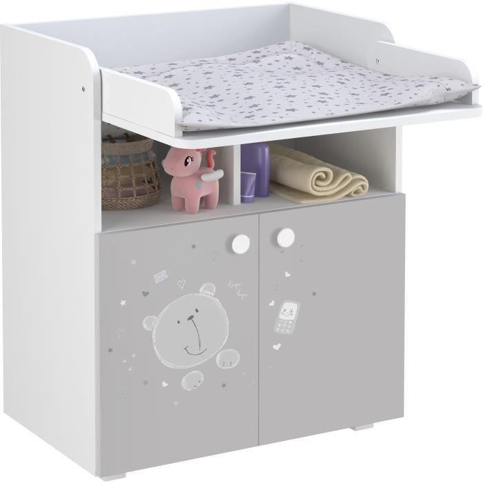 POLINI KIDS OURSON TEDDY Commode a langer POLSKA 2 portes avec plan rabattable blanc gris - Paloma Tech