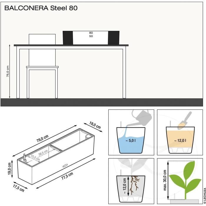 Pot de fleur LECHUZA Balconera Steel 80 gris perle satiné