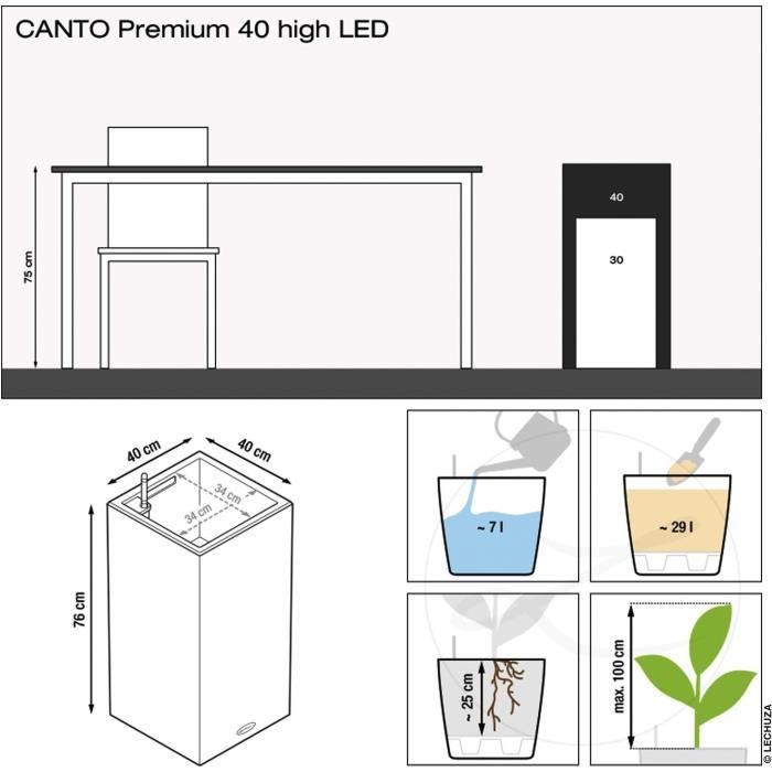 Pot de fleur LECHUZA Canto Premium Colonne 40 - kit complet LED argent métallisé