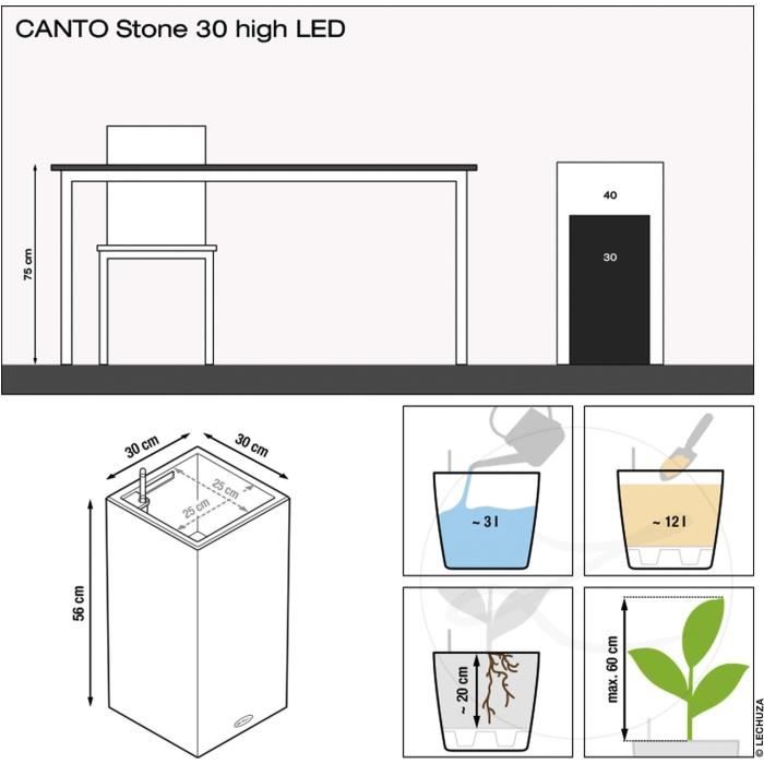 Pot de fleur LECHUZA Canto Stone Colonne 30 - kit complet LED blanc quartz