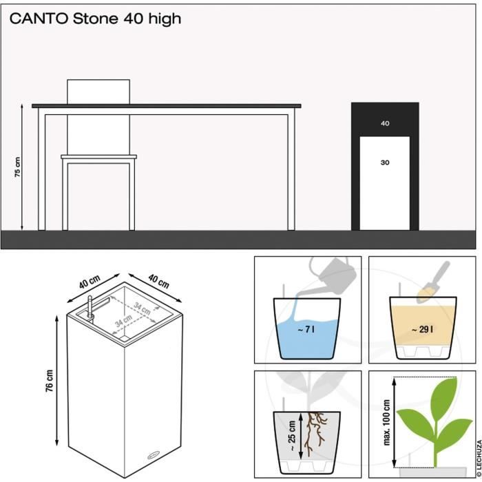 Pot de fleur LECHUZA Canto Stone Colonne 40 - kit complet blanc quartz