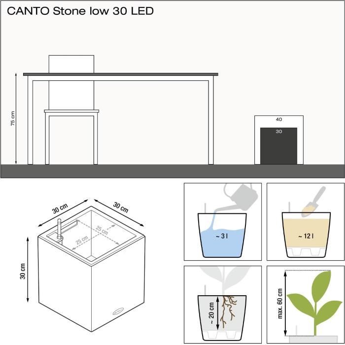 Pot de fleur LECHUZA Canto Stone Cube 30 - kit complet LED blanc quartz